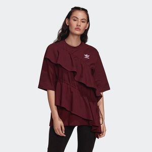 adidas x J KOO Asymmetrical Maroon Ruffle Tee